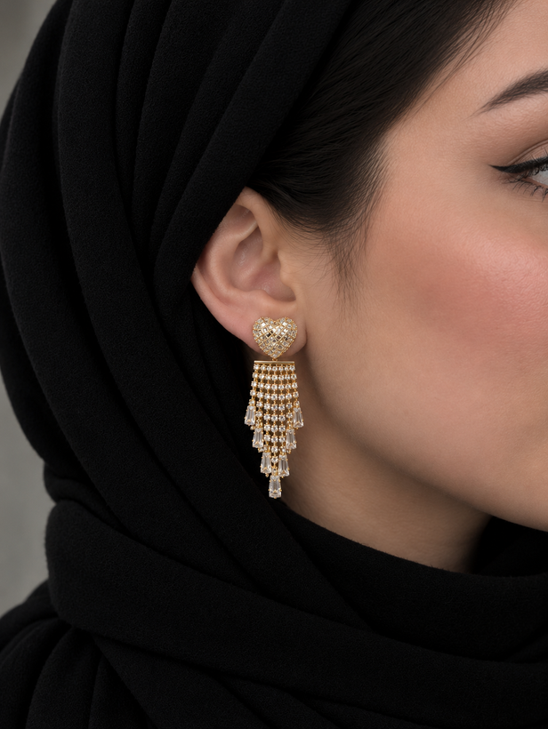گوشواره مجلسی آویزدار قلب رنگ ثابت ابکاری طلا